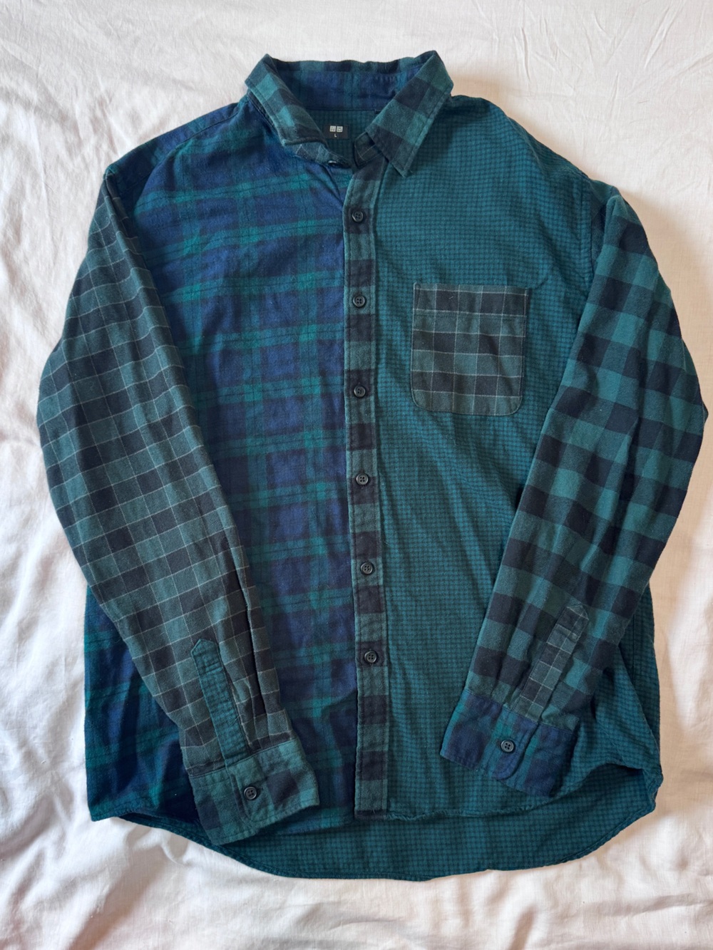 Uniqlo Men's Teal Green Patchwork Button-Down Shirt